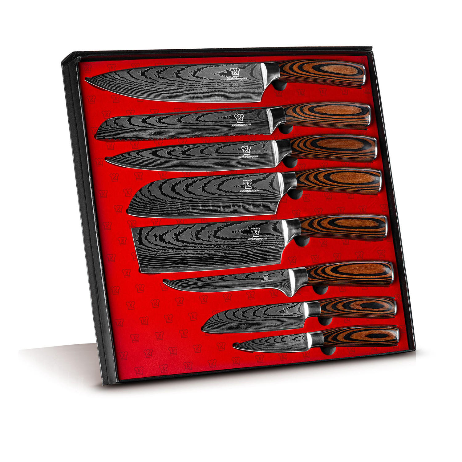 MESSER-SET 8-tlg. mit Edelstahlklingen und ergonomischen Pakkaholz-Griffen - Braun, Holz/Metall - Küchenkompane