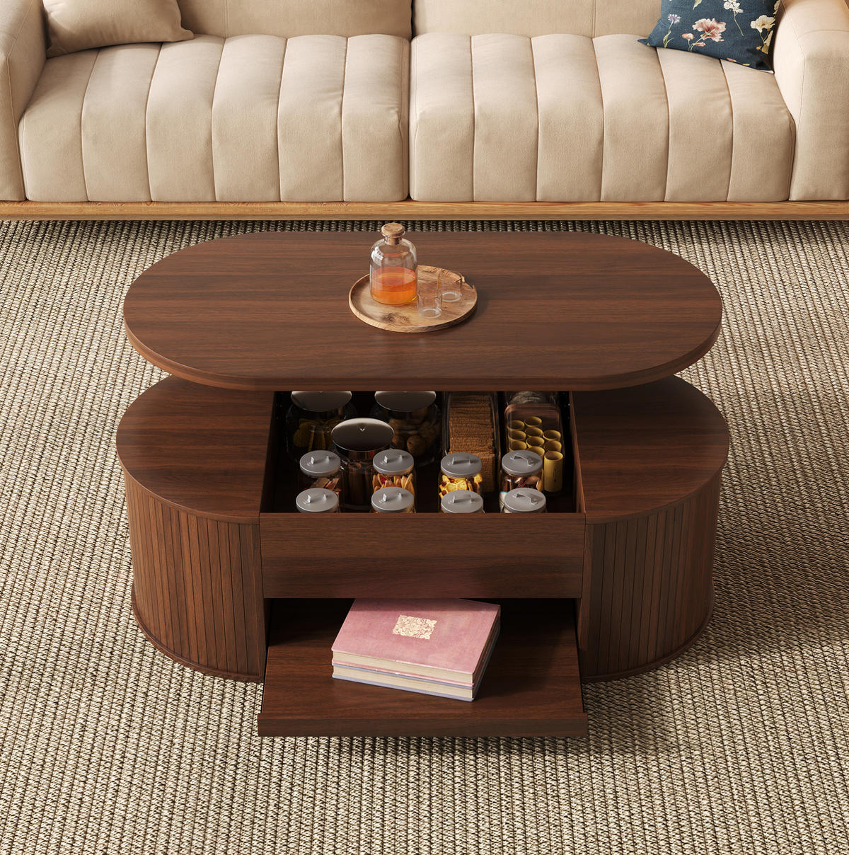COUCHTISCH 110/55.5/40 cm in Natural Walnut aus MDF mit höhenverstellbarer Tischplatte - Naturfarben, Holzwerkstoff (110/55.5/40cm) - OKMYHOME