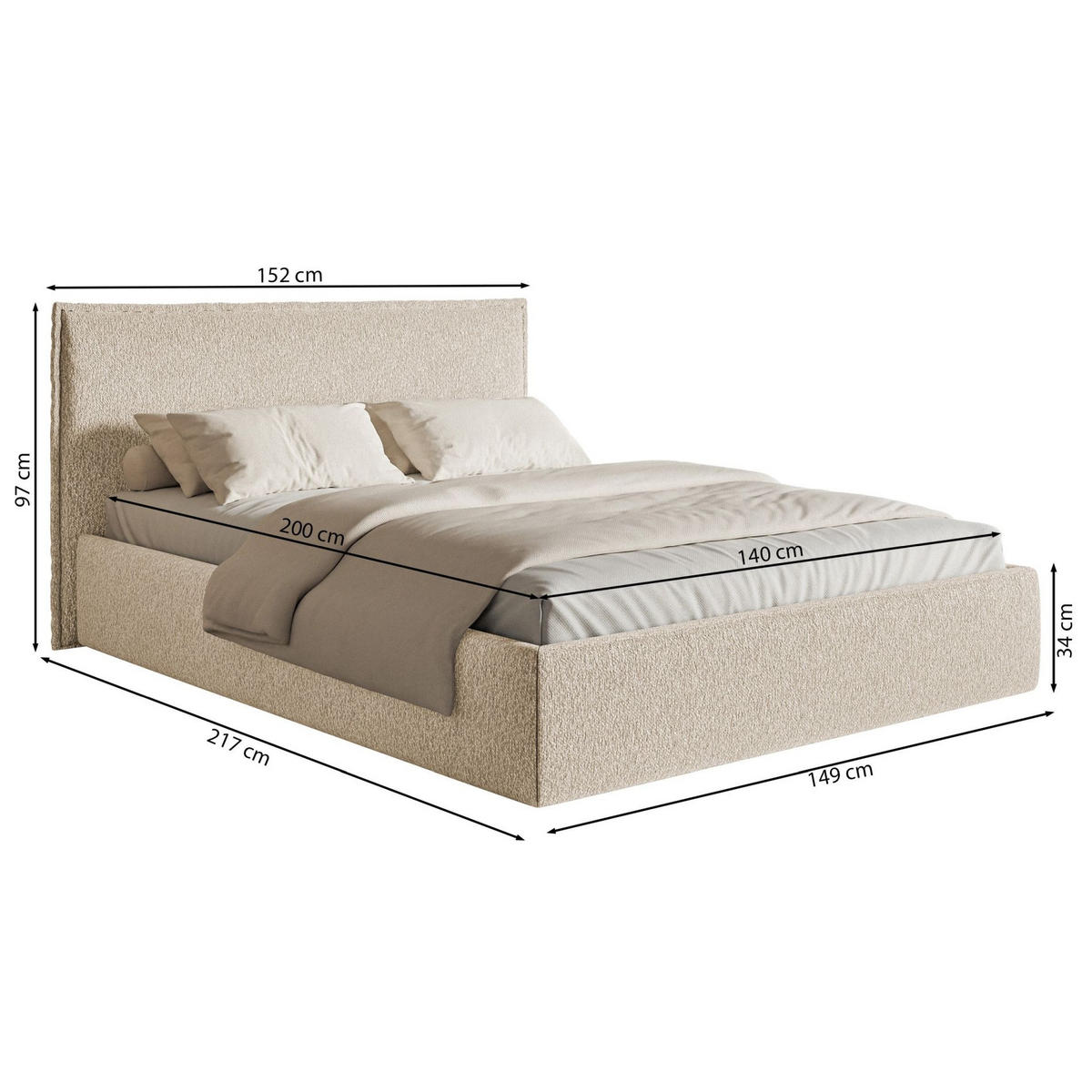 POLSTERBETT Softie Slim Hellbeige Chenille 140x200 - Ecru, Textil (140/200cm) - Selsey