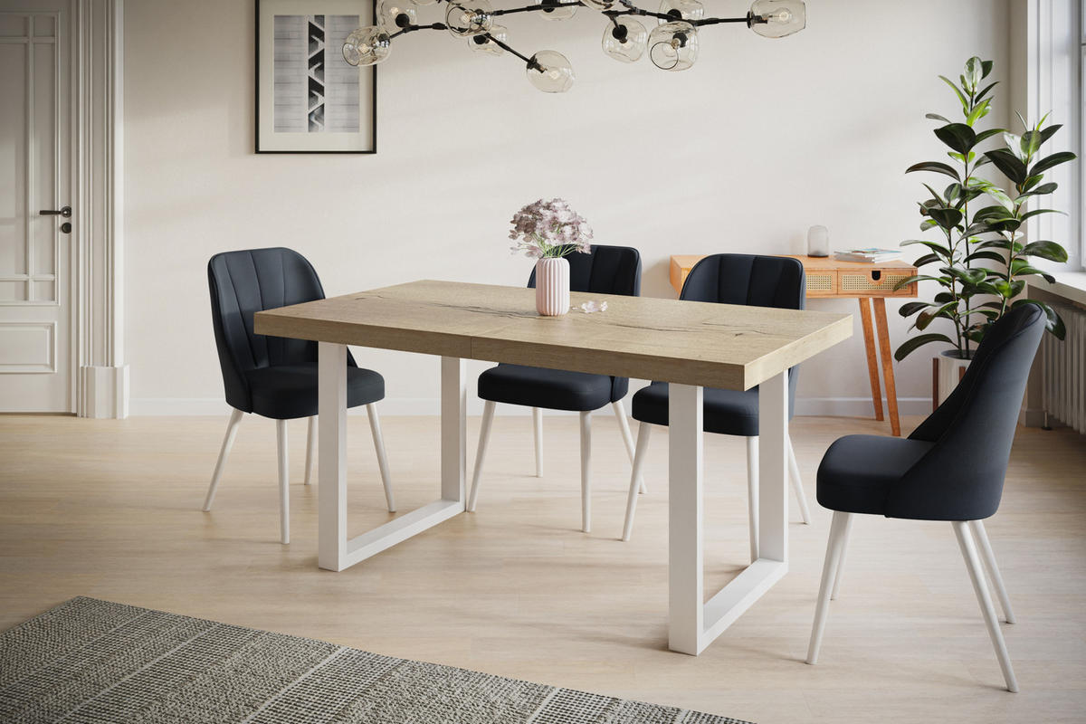 ESSZIMMERTISCH LOFT-U, ausziehbarer Tisch 120-220X80X77 cm, Farbe: HALIFAX, mit Metallbeinen in Farbe Weiß - Weiß/Naturfarben, Holzwerkstoff (120/80/77cm) - Alpi-Möbel