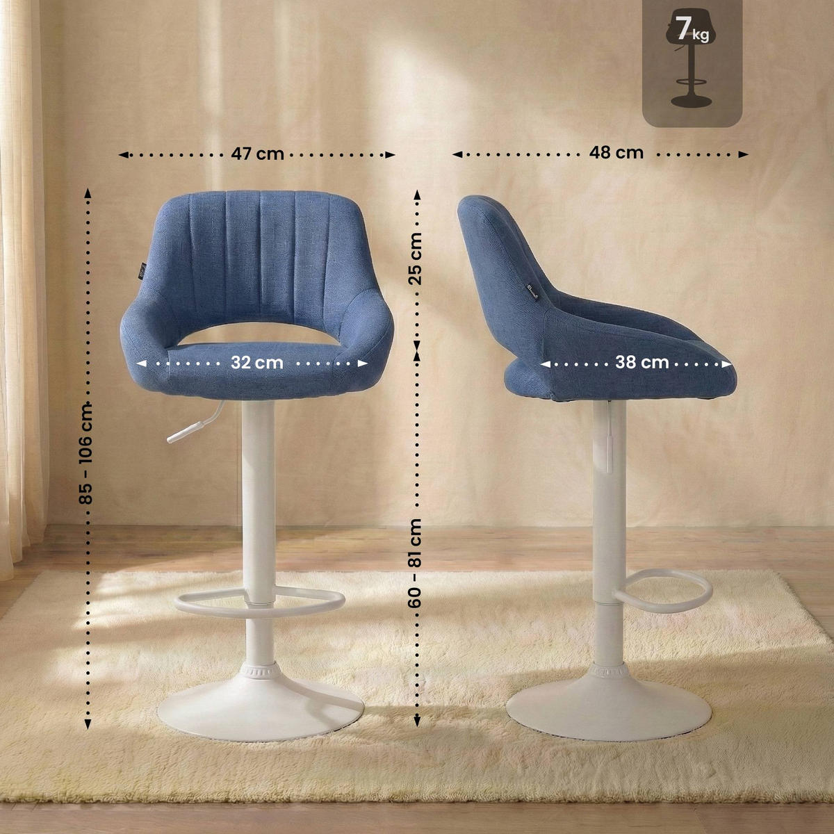 BARHOCKER Stoff Blau - Blau/Weiß, Textil/Metall (47/85/48cm) - CLP