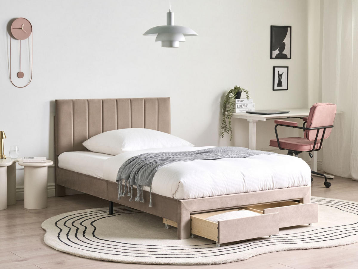 BETT mit Schubladen 120/200 cm Samtstoff Taupe Lonzac - Taupe, Textil (120/200cm) - Beliani