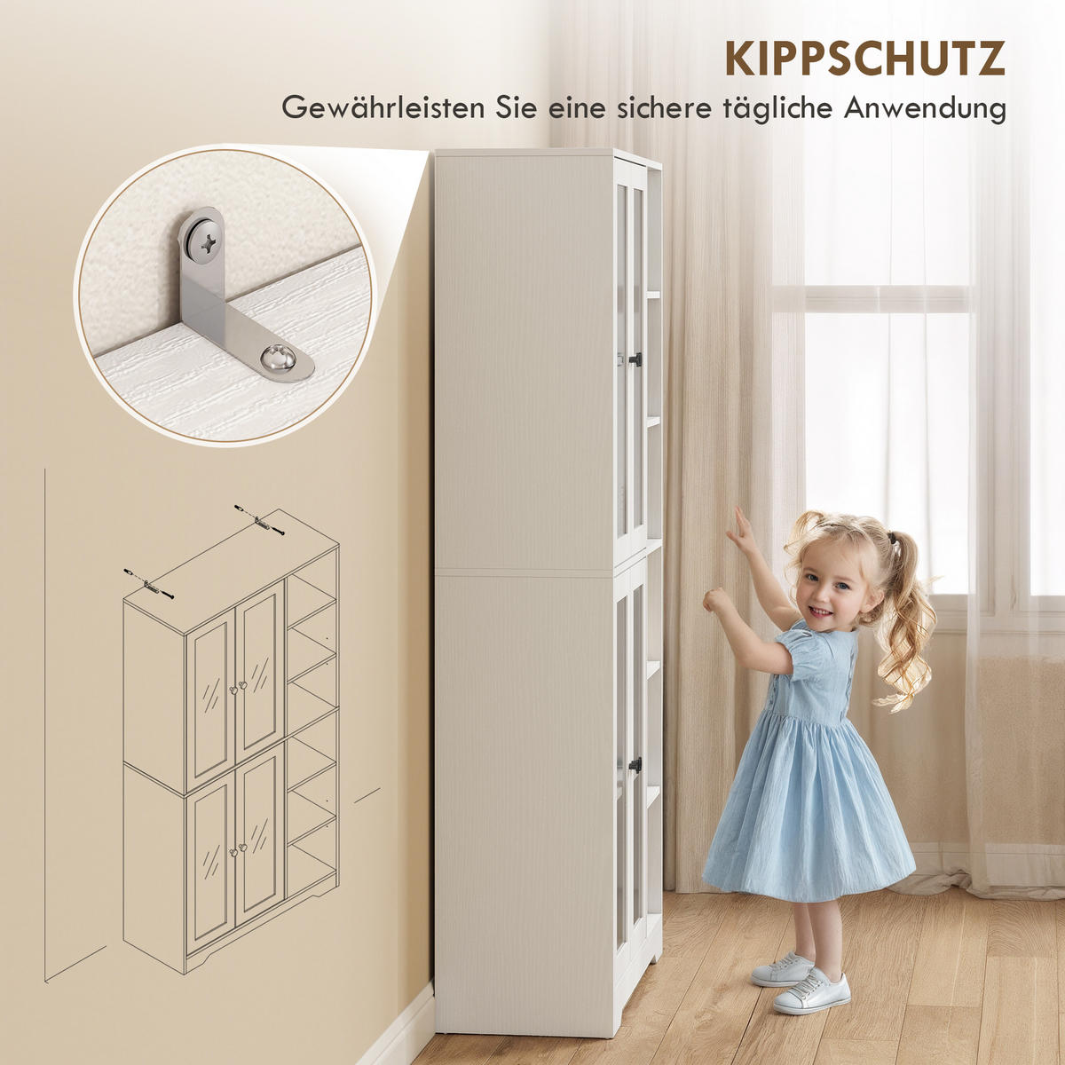 KÜCHENSCHRANK Buffetschrank mit 4 Soft-Close-Glastüren 6 offenen Fächern Weiß - Schwarz/Weiß, Holzwerkstoff/Metall (35/172/90cm) - HOMCOM