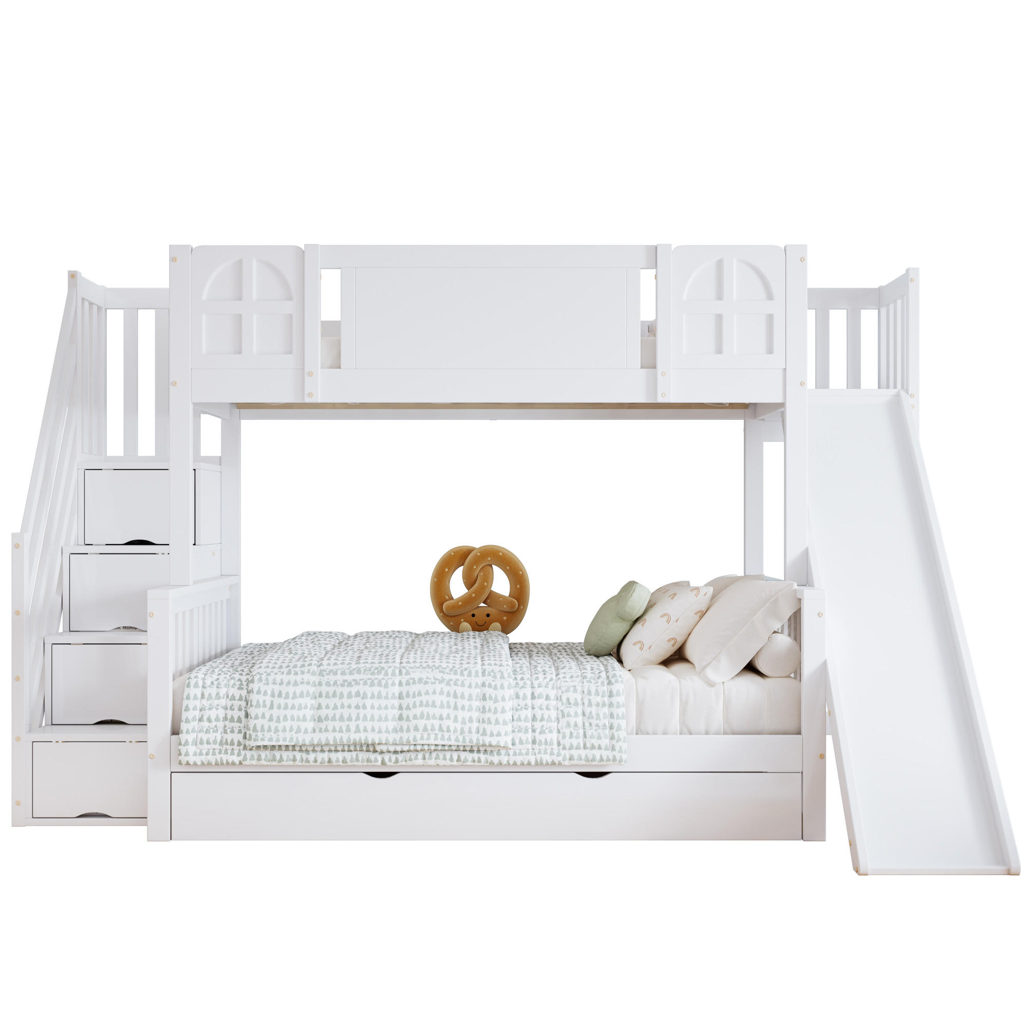 OKWISH PATROVÁ postel 180/200 cm bílá z borovice a MDF se skluzavkou a úložnými schůdky