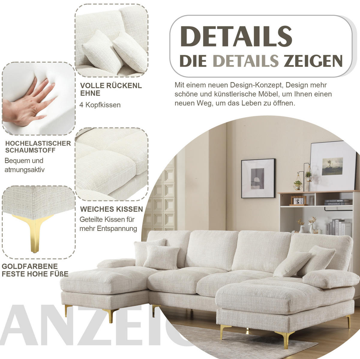 WOHNLANDSCHAFT U-Form Chenille mit 2 Liegeflächen 272/136/88 cm Beige - Beige, Textil/Metall (136/88/272cm) - Redom