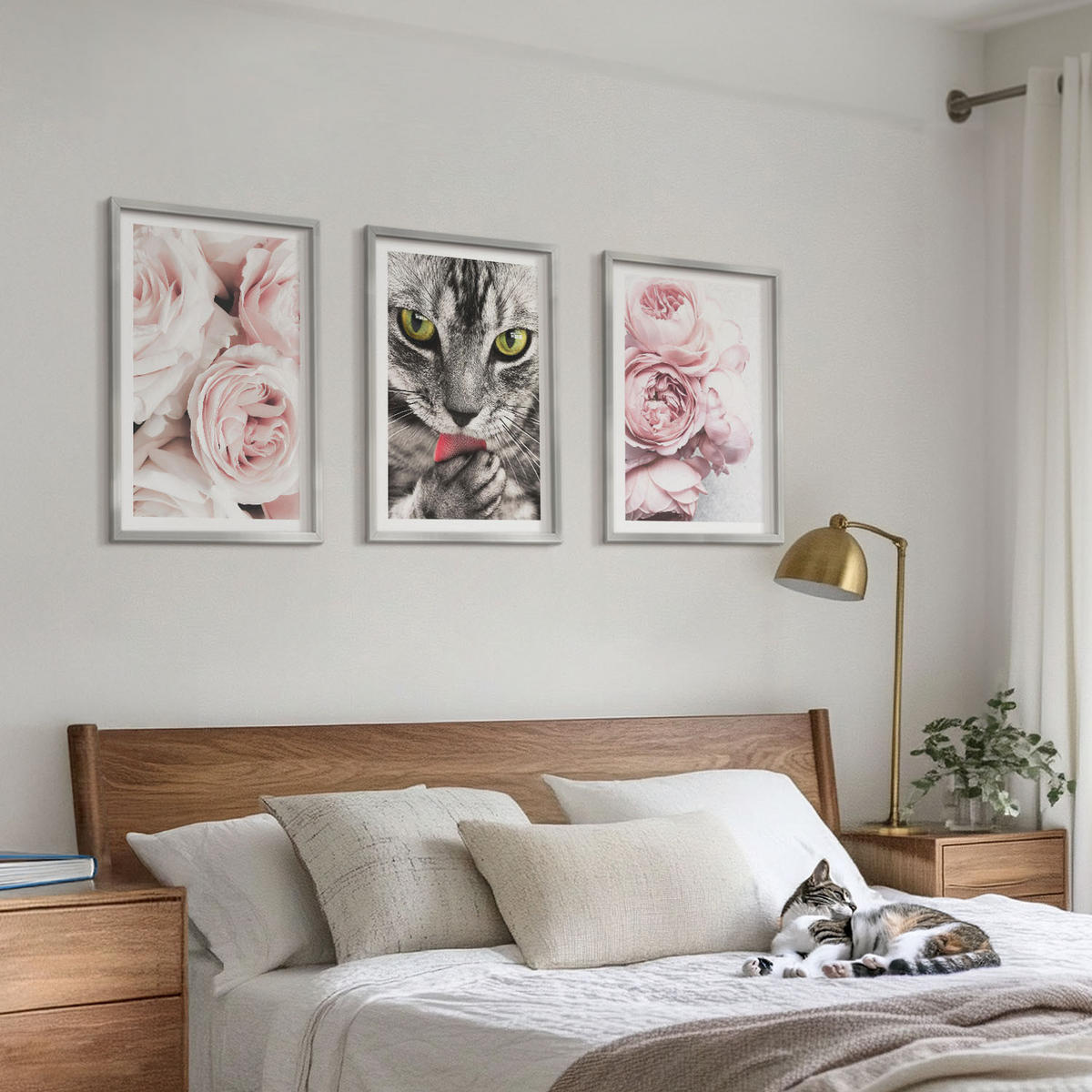 BILDER SET 3er Set - 40x60 cm Silberner Rahmen - Katze in rosa Blumen - Silberfarben, Kunststoff (40/60cm) - TULUP