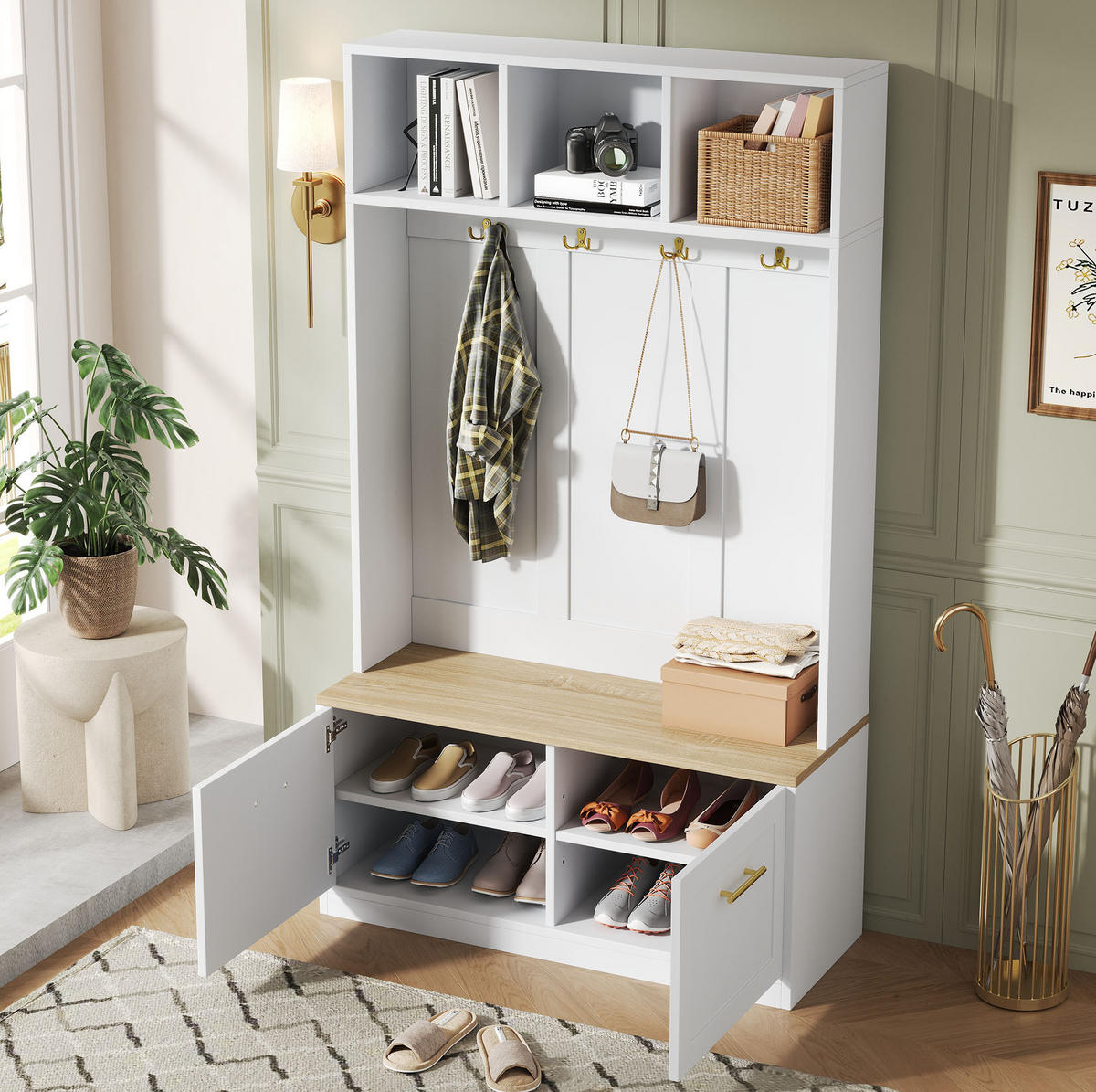 DIELENGARDEROBE mit 4 Haken und Sitzbank, 105/40/180 cm, Natur/Weiß - Naturfarben, Holzwerkstoff (105/180/40cm) - BEAOK