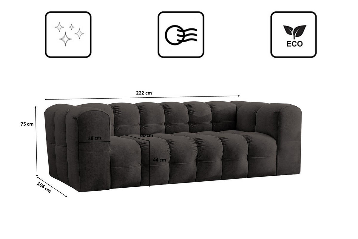 SOFA 3-Sitzer, Komfort, BALOO, Stoff Schenille, Schwarz - Schwarz, Holz (222/75/106cm) - Kaiser Möbel