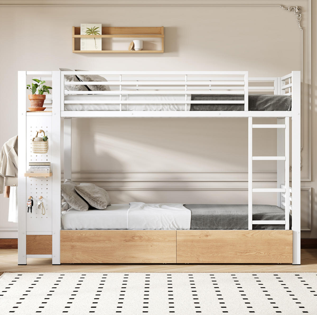 ETAGENBETT aus Metall und MDF 90x200 cm Weiß mit 4 Schubladen, LED-Beleuchtung und Kleiderhakenbereich - Weiß, Holzwerkstoff (90/200cm) - Modfu