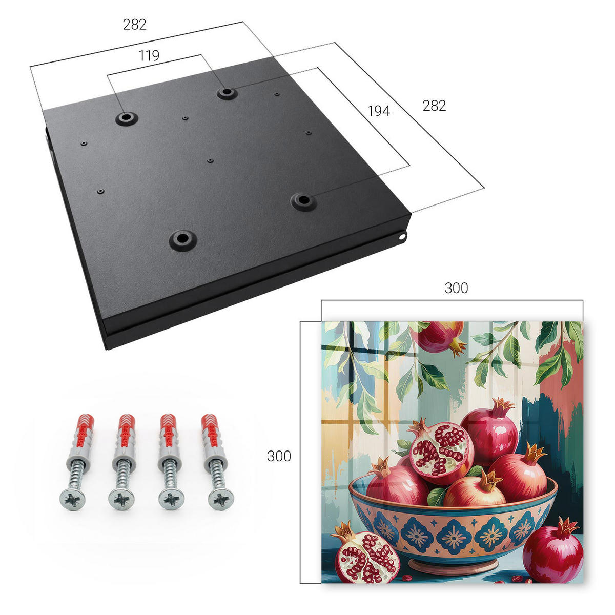 SCHLÜSSELBOX Schwarz 30x30 cm- Türöffnung nach rechts - Fruchtmotiv - Rot, Metall (30/30/5cm) - TULUP