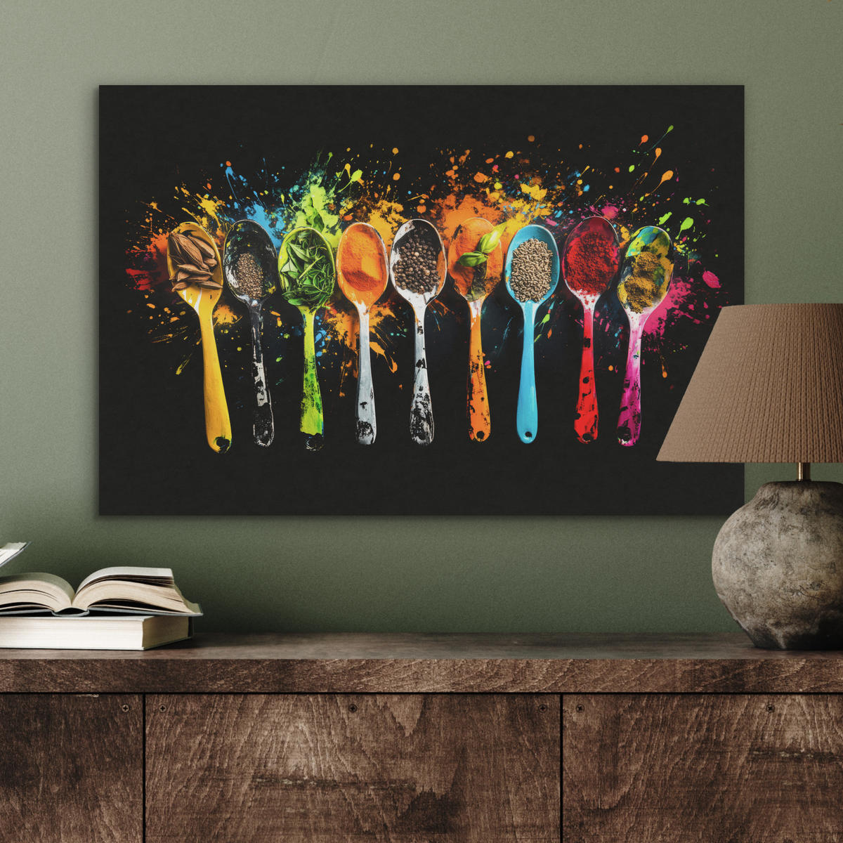 AKUSTIKBILD Löffel - Gewürze - Modern - Graffiti - Farbe - Farbenfroh Wanddeko 70x50 cm - Multicolor, Kunststoff (70/50/0.9cm) - MuchoWow