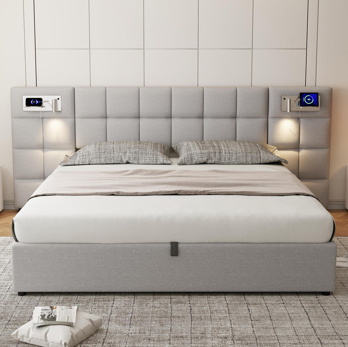 POLSTERBETT aus Leinen 180x200 cm Grau mit Stauraum, USB, kabellosem Laden und Beleuchtung - Grau, Leder (180/200cm) - IVMEU