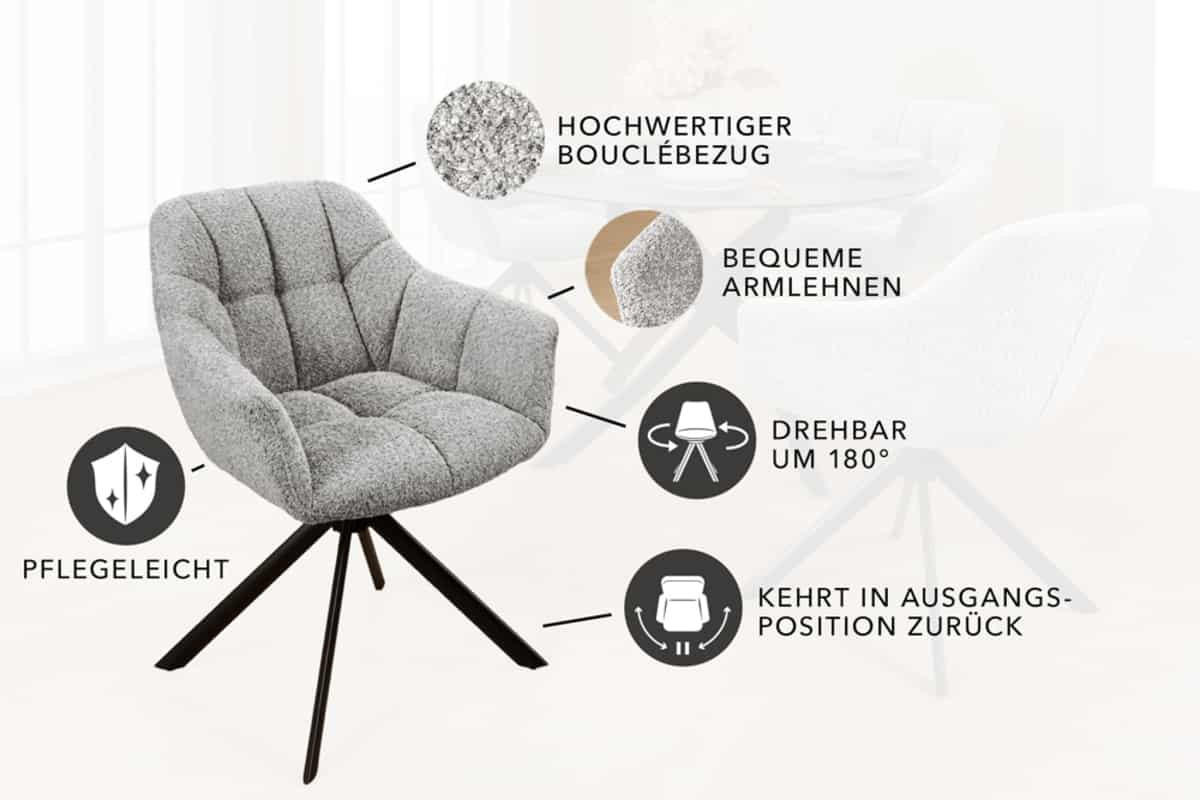 STUHL PAPILLON Bouclé Grau 85 cm - Schwarz/Grau, Textil/Metall (65/83/66cm) - riess-ambiente