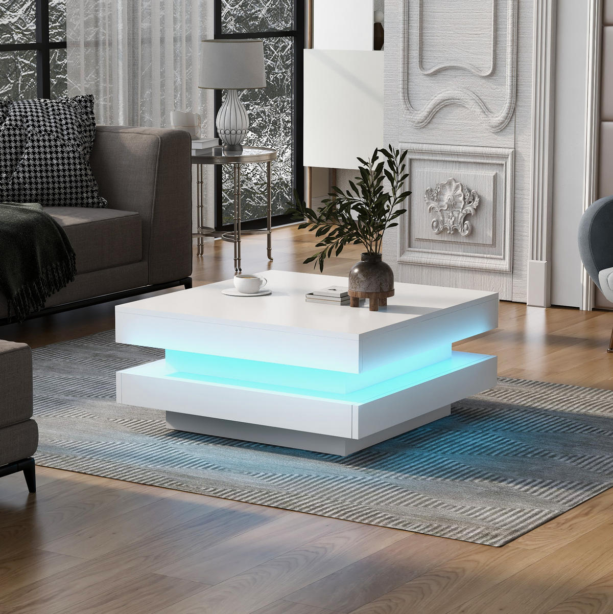 COUCHTISCH mit drehbarer Tischplatte 70x70 cm Hochglanz Weiß mit LED - Weiß, Holzwerkstoff (70/70/36cm) - Meubliv