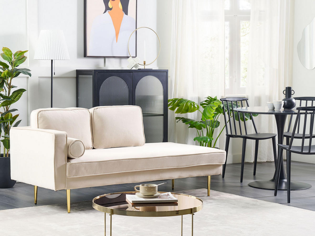 CHAISELONGUE Samtstoff beige linksseitig Miramas - Beige/Goldfarben, Textil (171/63/79cm) - Beliani