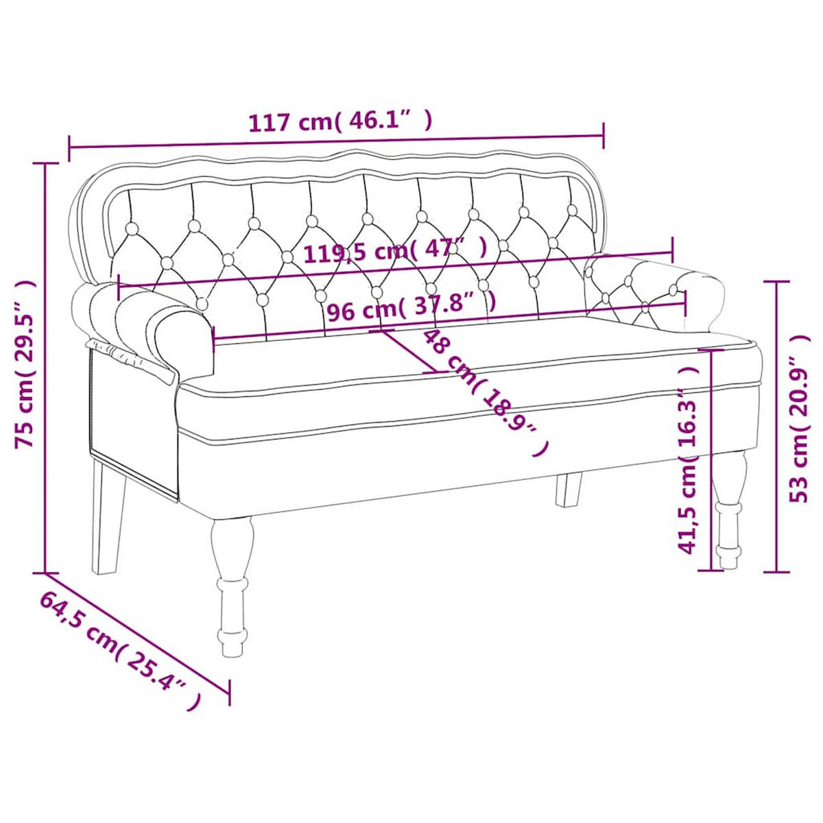 BANK Mit Rückenlehne Schwarz 119,5/64,5/75 Cm Samt - Schwarz, Textil (64.5/75/119.5cm) - vidaXL