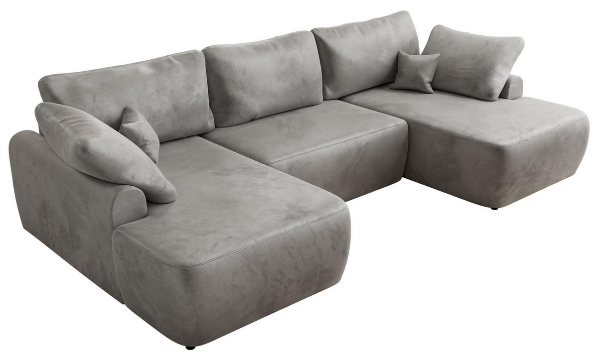 WOHNLANDSCHAFT CUBO U Hellgrau Velvet - Hellgrau/Schwarz, Kunststoff/Textil (370/100/187cm) - MKS
