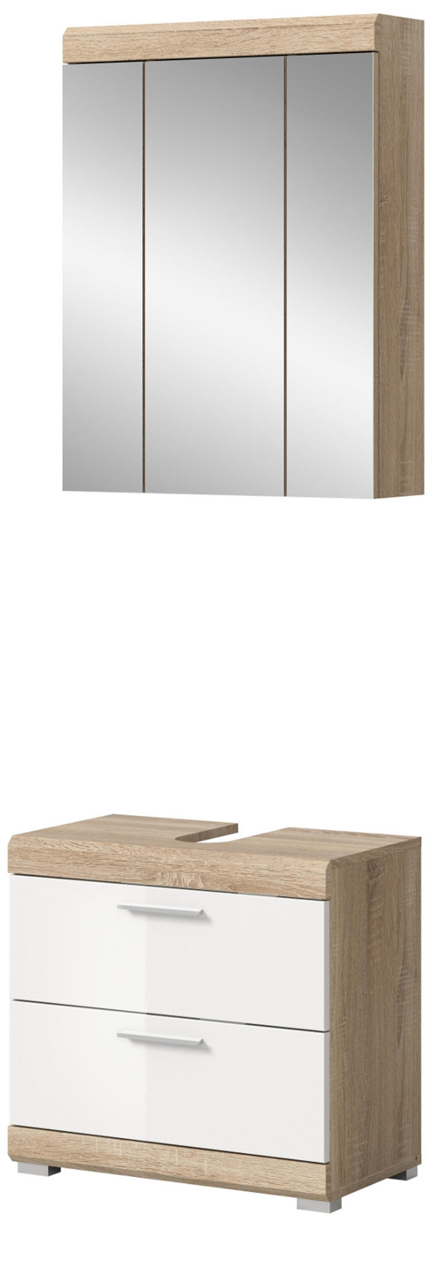 BADMÖBEL-SET weiß Hochglanz, Eiche 2-teilig 60 cm, Badezimmerschränke - Weiß Hochglanz/Eichefarben, Glas/Holzwerkstoff (60/191/37cm) - Inn.Furn