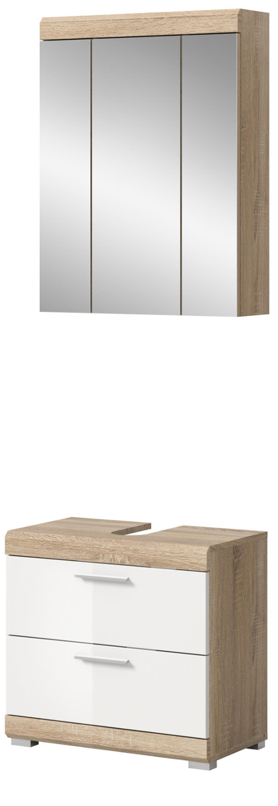 BADMÖBEL-SET weiß Hochglanz, Eiche 2-teilig 60 cm, Badezimmerschränke - Weiß Hochglanz/Eichefarben, Glas/Holzwerkstoff (60/191/37cm) - Inn.Furn