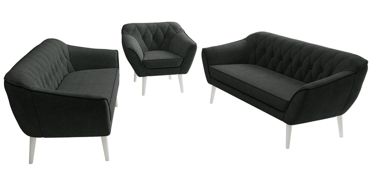SEDACIA ZOSTAVA 3+3+1 PIRS - Tmavosivá Štruktúrovaná látka - Biele nohy - biela/grafitová, kompozitné drevo/textil (180/75/74cm) - MKS