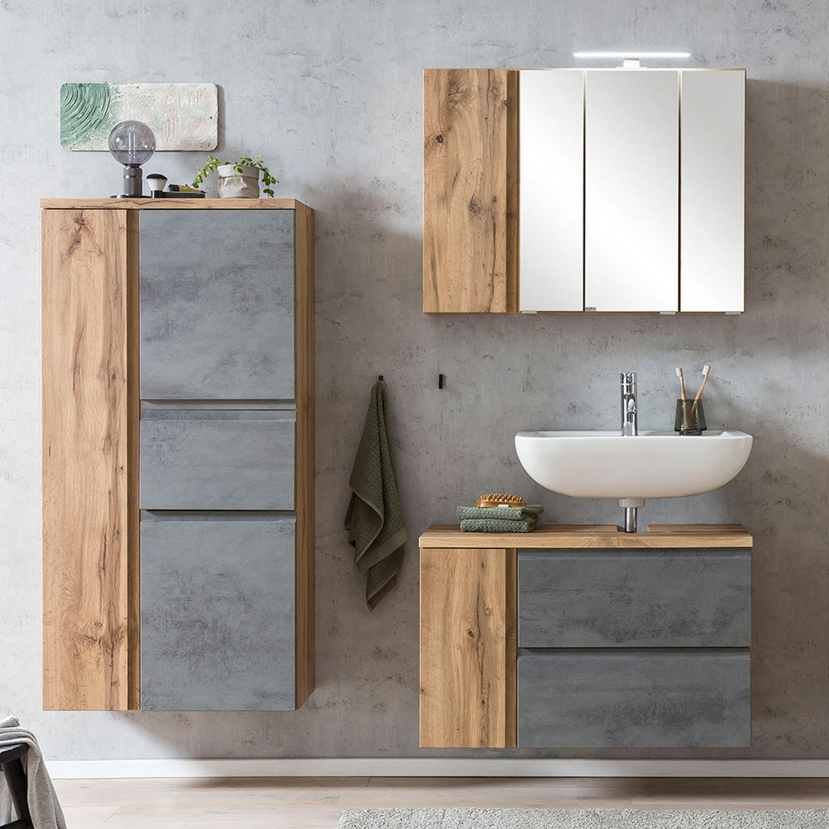 BADMÖBEL-SET 3-TLG. Vasto-03 - Grau, Holzwerkstoff (165/200/35cm) - Lomado