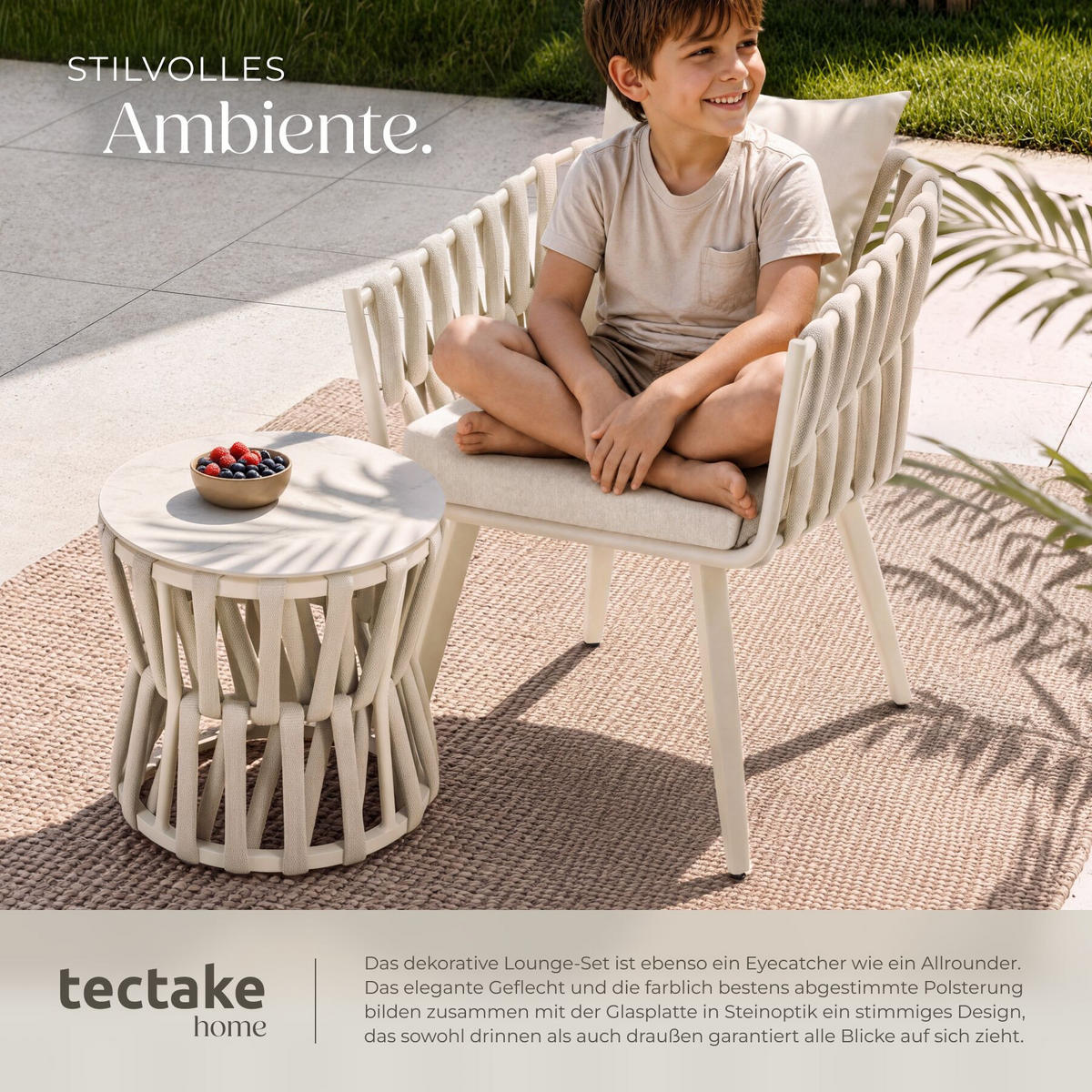 GARTENLOUNGE-SET ALUMINIUM Lugano, höhenverstellbare Kunststofffüße, Sicherheitsglasplatte, beige - Beige/Weiß, Kunststoff - tectake