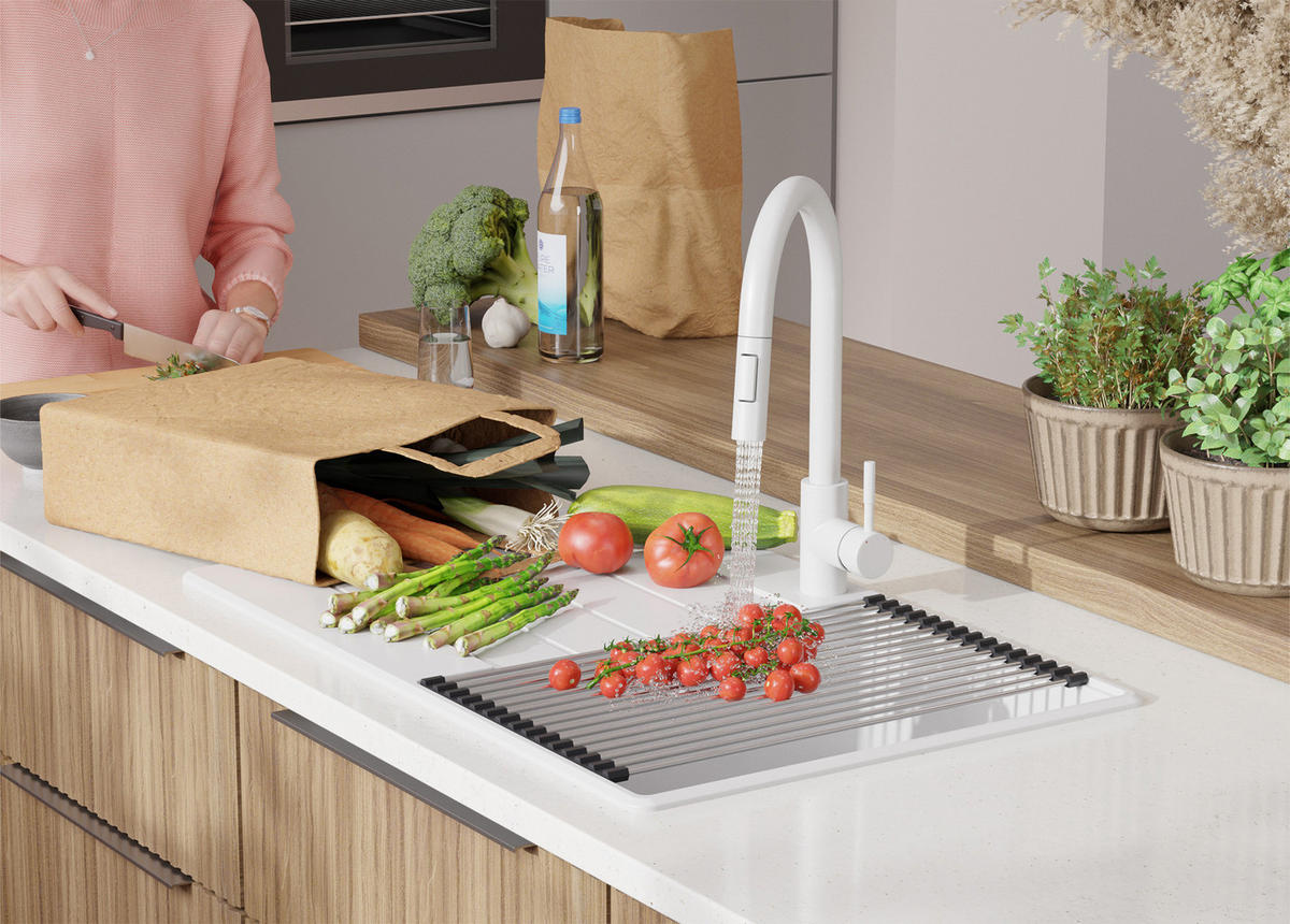 GRANITSPÜLE Kopenhagen, 2-er set Weiß 78/50 cm 1 Becken + Küchenarmatur 32/20 cm + Ablauf-Set + Schneidebrett ab 45er Unterschrank - Chromfarben/Beige, Kunststoff (78/20/50cm) - Primagran