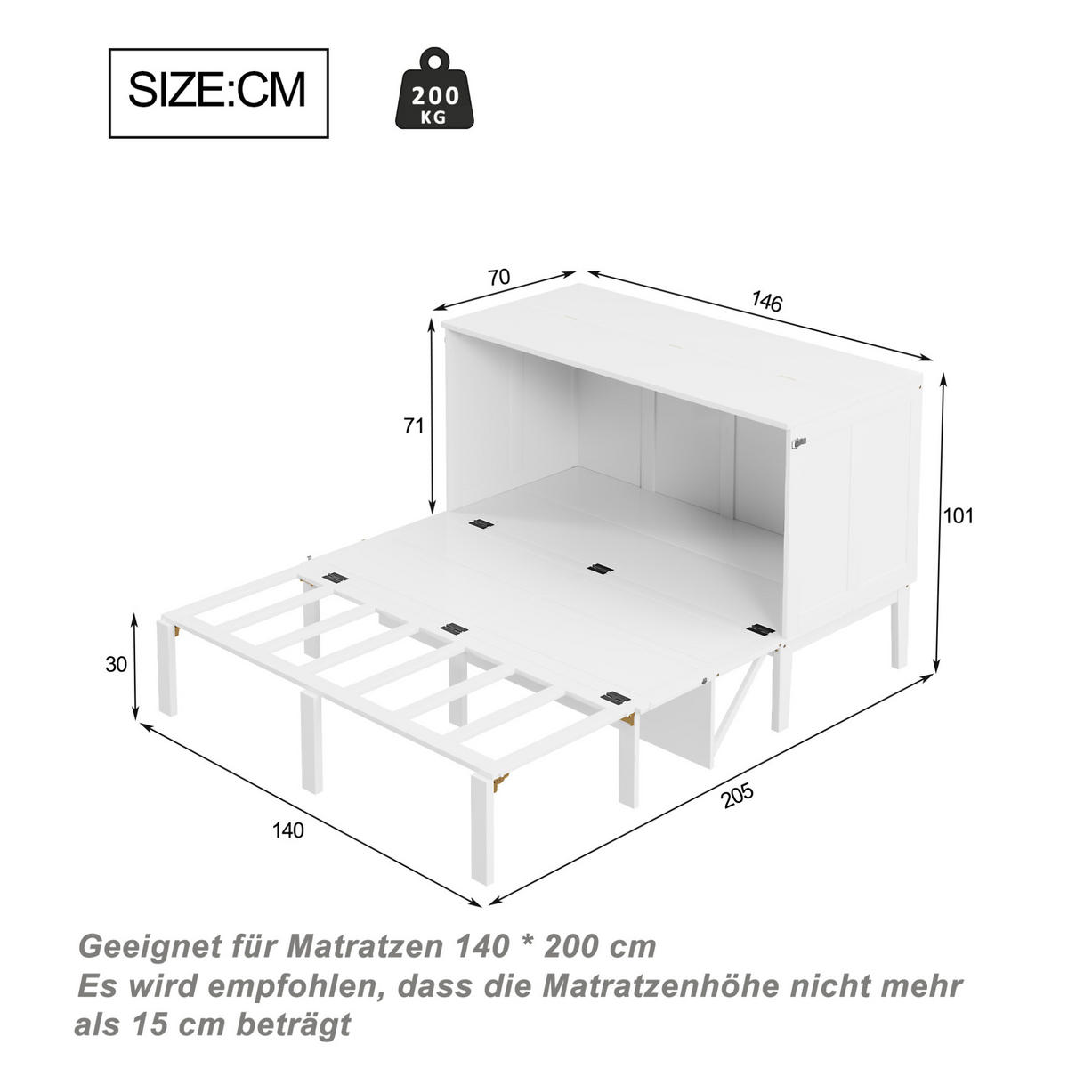 KREVET 140/200 cm s preklopnim zidnim dizajnom i prostorom za pohranu, Bijela - bijela, drvni materijal (140/200cm) - Redom