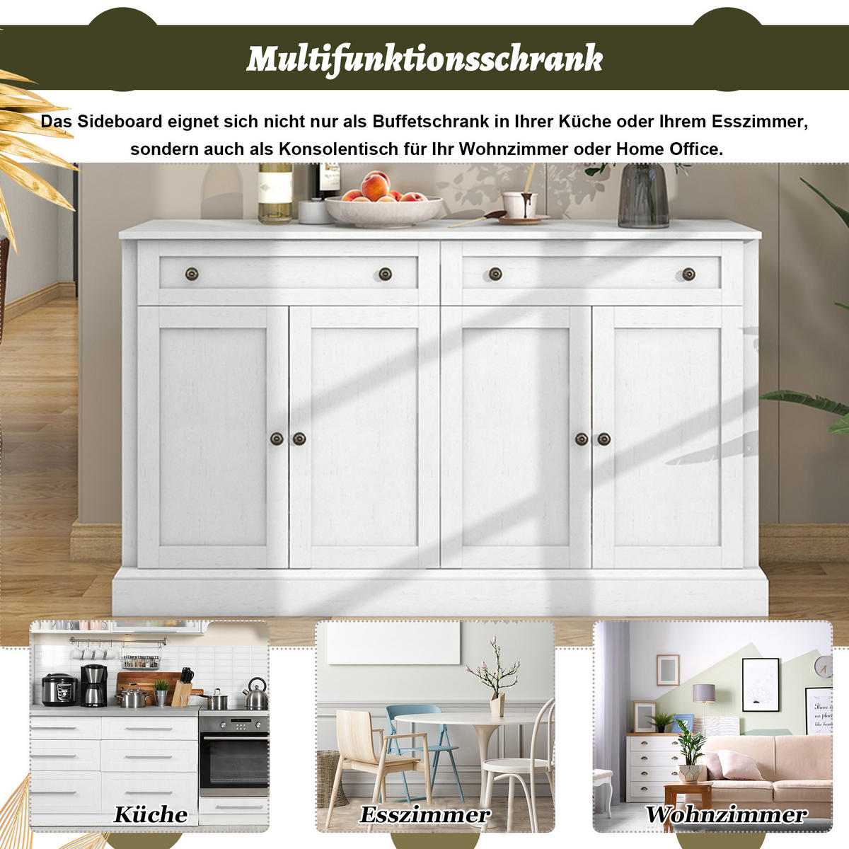 SIDEBOARD in Antikweiß Anrichte mit 4 Türen und 2 Schubladen für Esszimmer und Wohnzimmer, B150/T40/H86 cm - Weiß, Holzwerkstoff (148/86/40cm) - STILVORA
