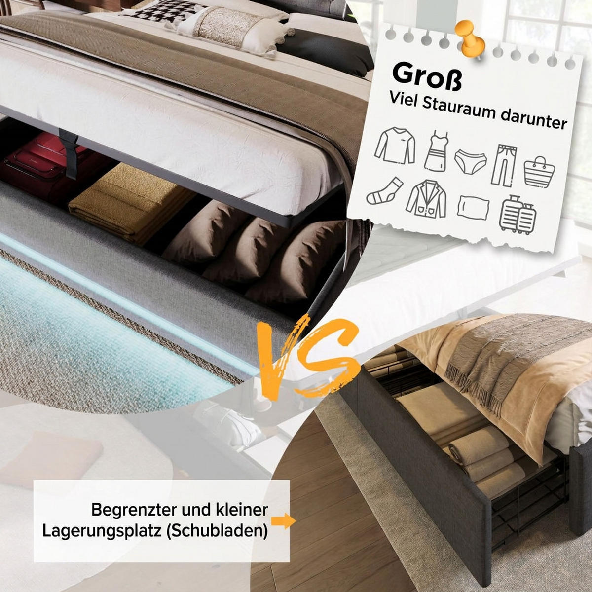 POLSTERBETT 160/200 cm Grau mit USB Typ-C Ladefunktion und 3-seitige LED-Funktion - Grau, Textil (160/200cm) - Oxeza