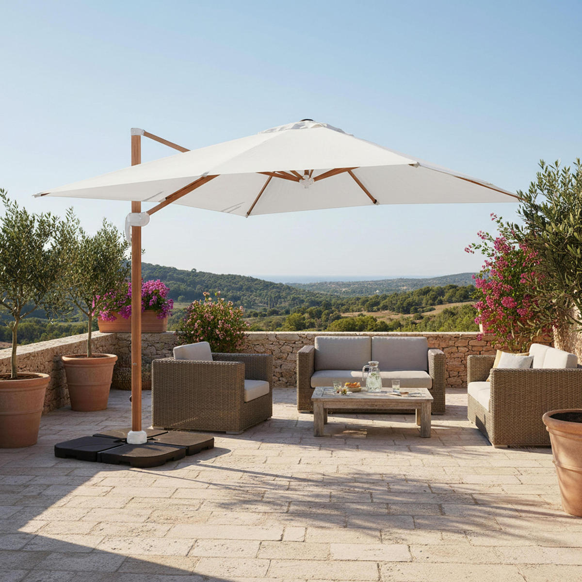 SONNENSCHIRM 3x3m mit 4 Gewichtsplatten, Weiß - Weiß, Metall (300/300cm) - Oviala