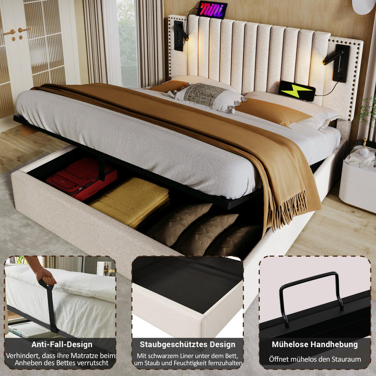 POLSTERBETT 160/200 cm aus Baumwolle mit Leselicht, USB- und Type-C-Anschlüssen, Bettkasten und Matratze, Beige - Beige, Textil (160/200cm) - Redom