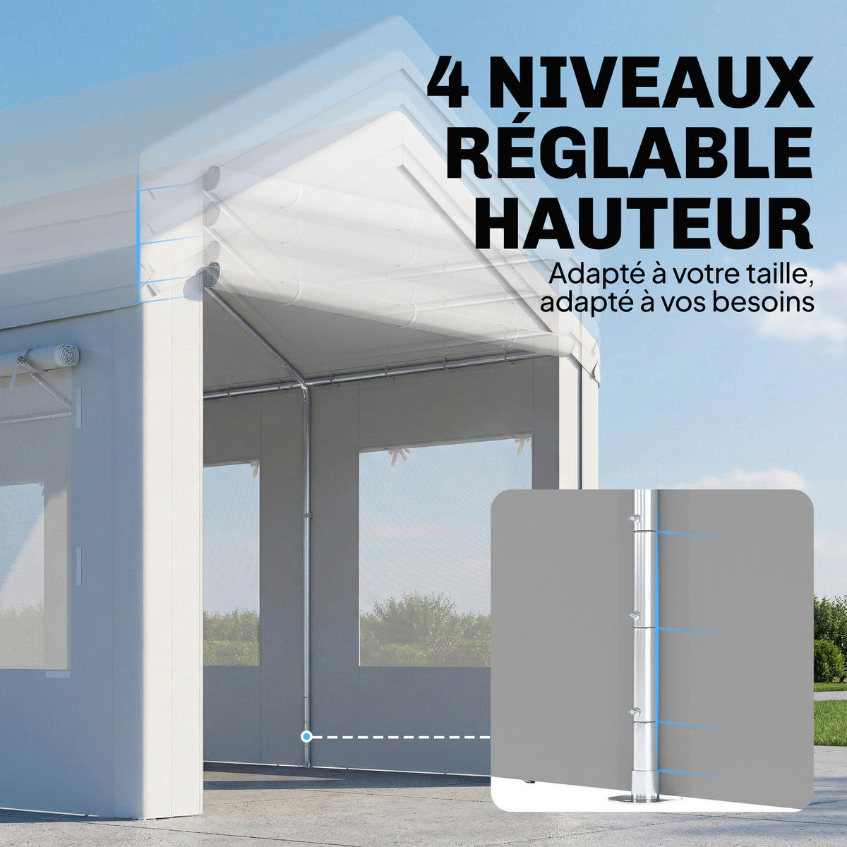 CARPORT DE-12739 300/600 cm UV30+ höhenverstellbar mit 6 Fenstern und Moskitonetz Weiß - Weiß, Metall (295/295/600cm) - ComfortXL