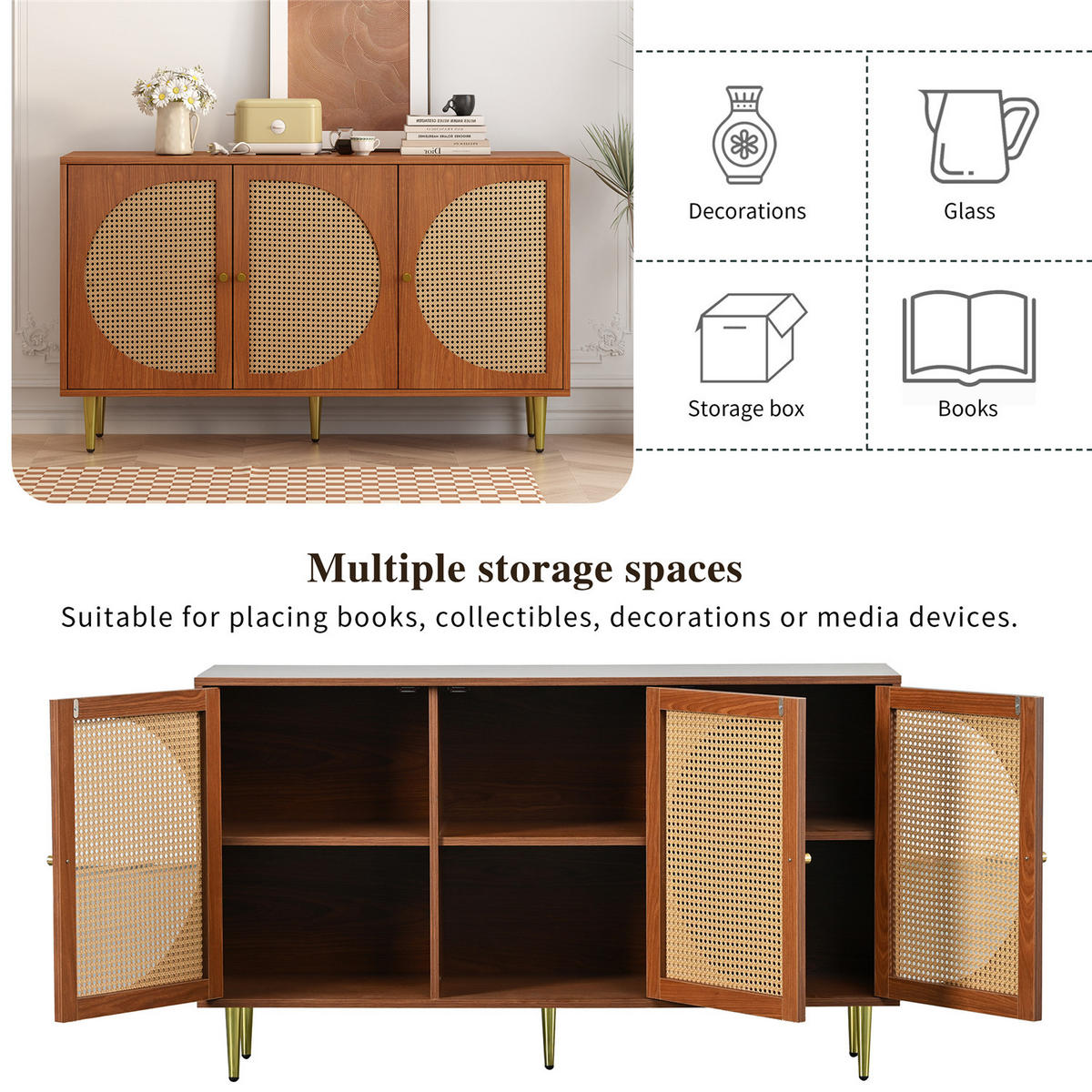 SIDEBOARD Nussbaum 129,8x76x40 cm mit Rattantüren - Braun, Holz (130/76/40cm) - Kaket