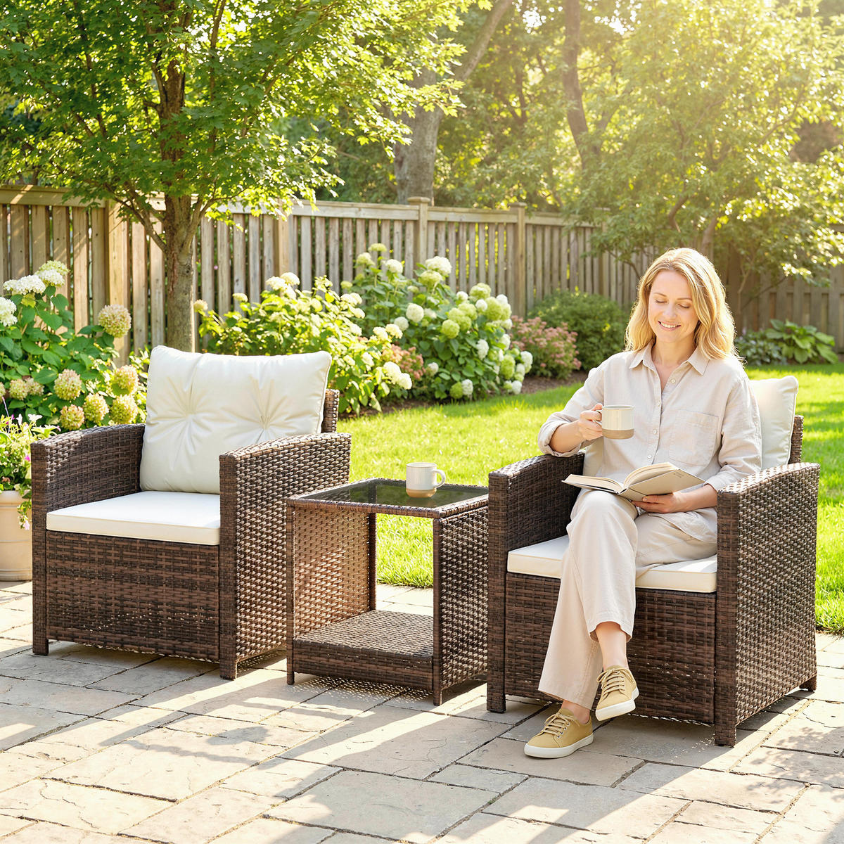 BISTROSET 3er Set PE-Rattan Stahl Cremeweiß - Creme/Schwarz, Kunststoff/Textil - Outsunny