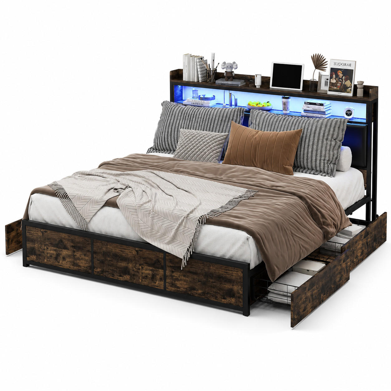 POLSTERBETT 140/200 cm mit Holz-Ablagekopfteil, Schubladenstauraum und RGB-LED-Beleuchtung - Schwarz, Holz/Metall (140/200cm) - Joyfair
