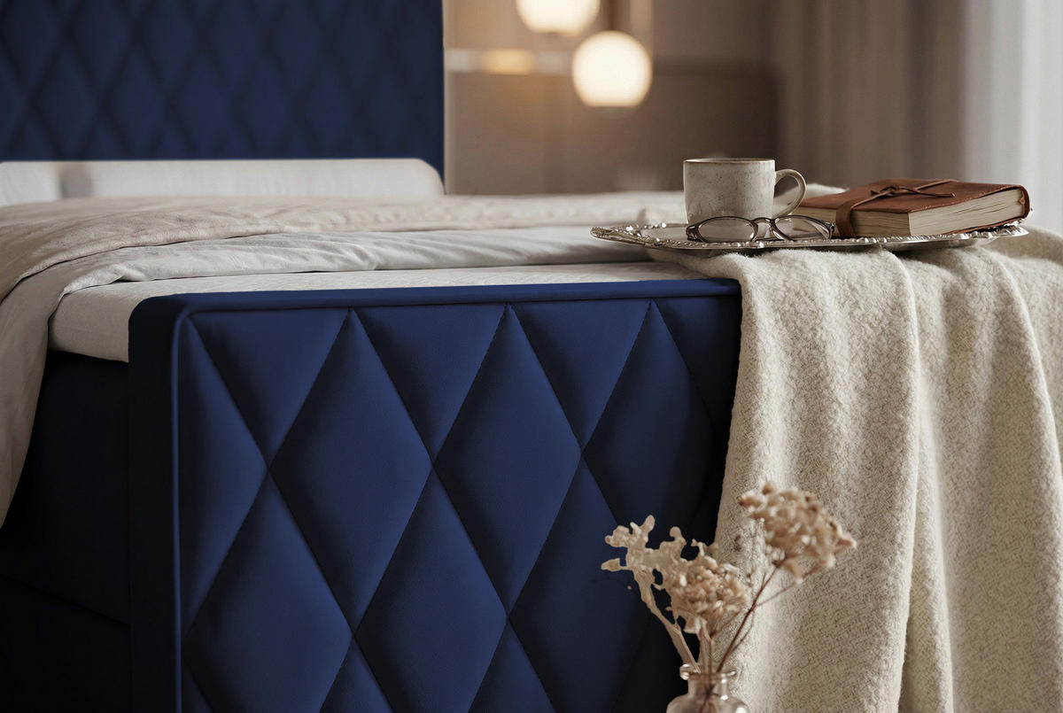 BOXBETT PONTI III 140x200 cm Marineblau (Samt) - mit 2 Bettkästen, Bonellmatratze und Rautensteppung - Dunkelblau, Holzwerkstoff/Textil (140/200cm) - Ravio