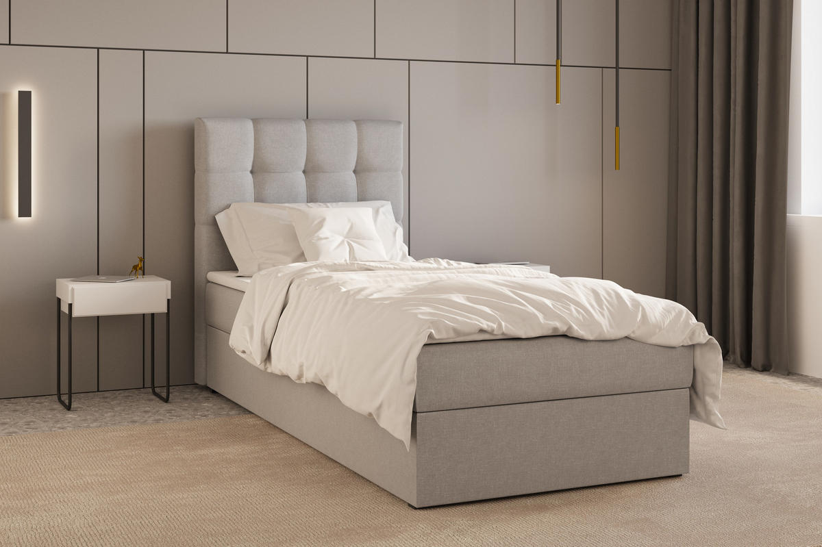 BOXBETT - Bett 05 OSLO - Hugo - 90x200 cm - mit Bettkasten und Waschbarem Topper - Hellgrau, Holz (90/200cm) - ROYAL24_MARKT