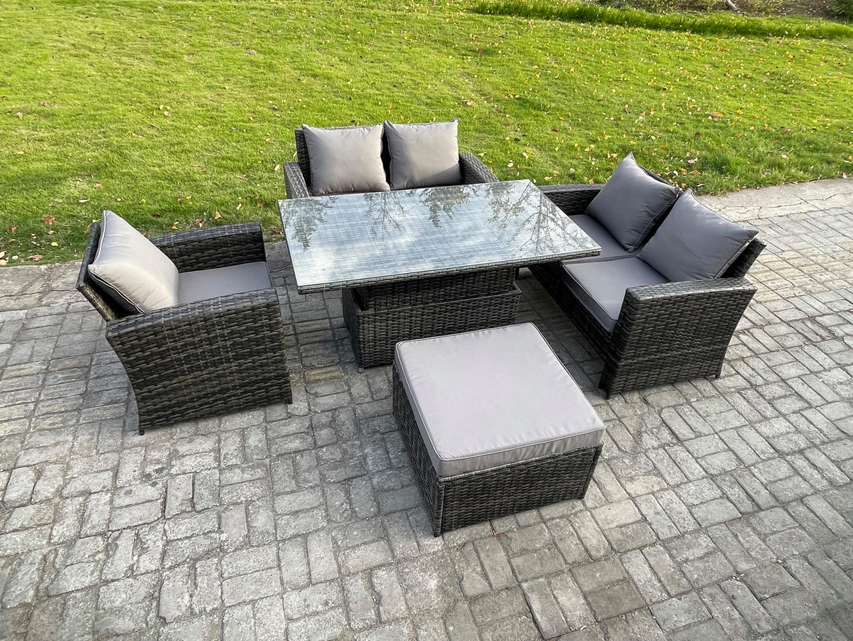 GARTENSOFA mit hoher Rückenlehne Polyrattan Dunkelgrau 6-Sitzer - Dunkelgrau, Metall - Fimous