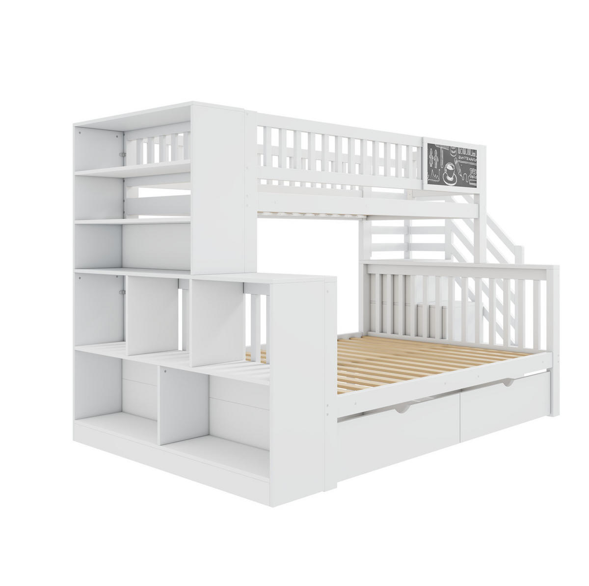 ETAGENBETT 140/200 und 90/200 cm mit Tafel, Treppe und Stauraum aus Kiefernholz, Weiß - Weiß, Holz (140/200cm) - Redom