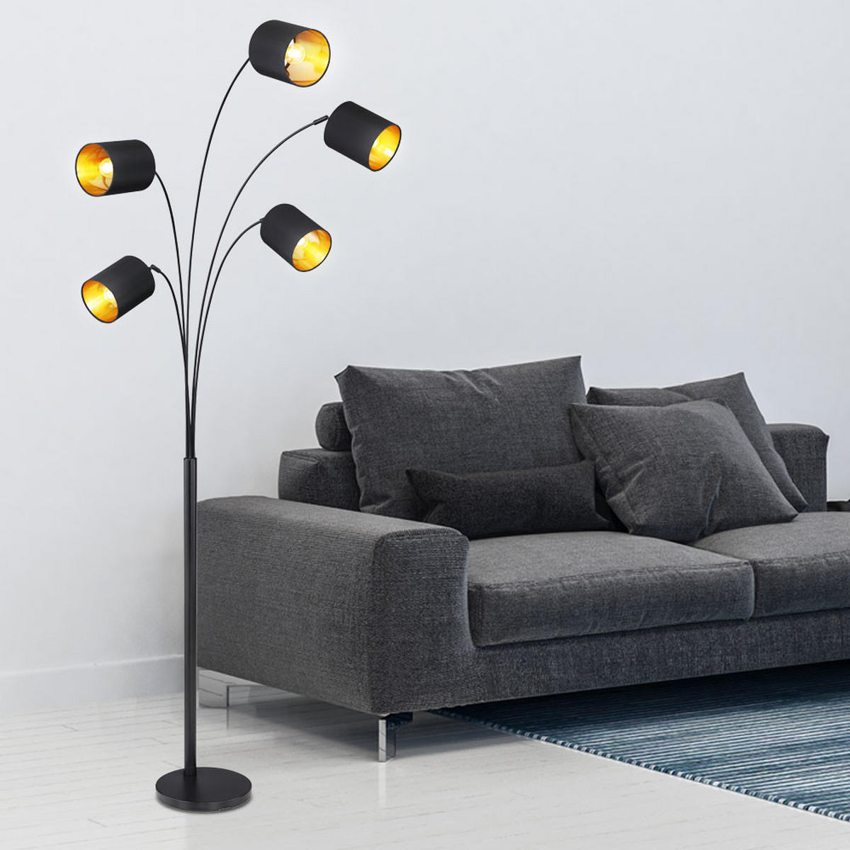 LED STEHLEUCHTE Schwarz Gold Textilschirme - Schwarz, Metall (74/70/204cm) - Globo Lighting