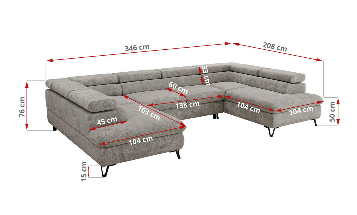 WOHNLANDSCHAFT PABLO U Schenille grob gewebt Hellgrau - Hellgrau/Schwarz, Textil/Metall (346/76/208cm) - MKS