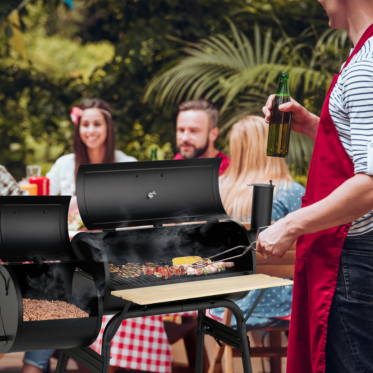 SMOKER-GRILL - Schwarz, Holz/Kunststoff (114/106/67cm) - Relaxdays
