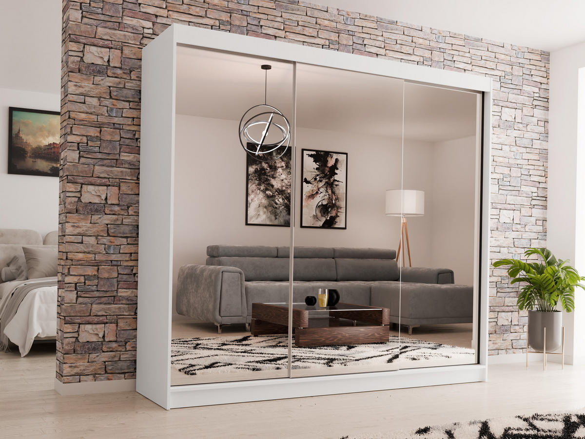 SCHWEBETÜRENSCHRANK Debra 240/216/61 weiß mit Spiegel - Weiß, Holzwerkstoff (240/216/61cm) - Beautysofa
