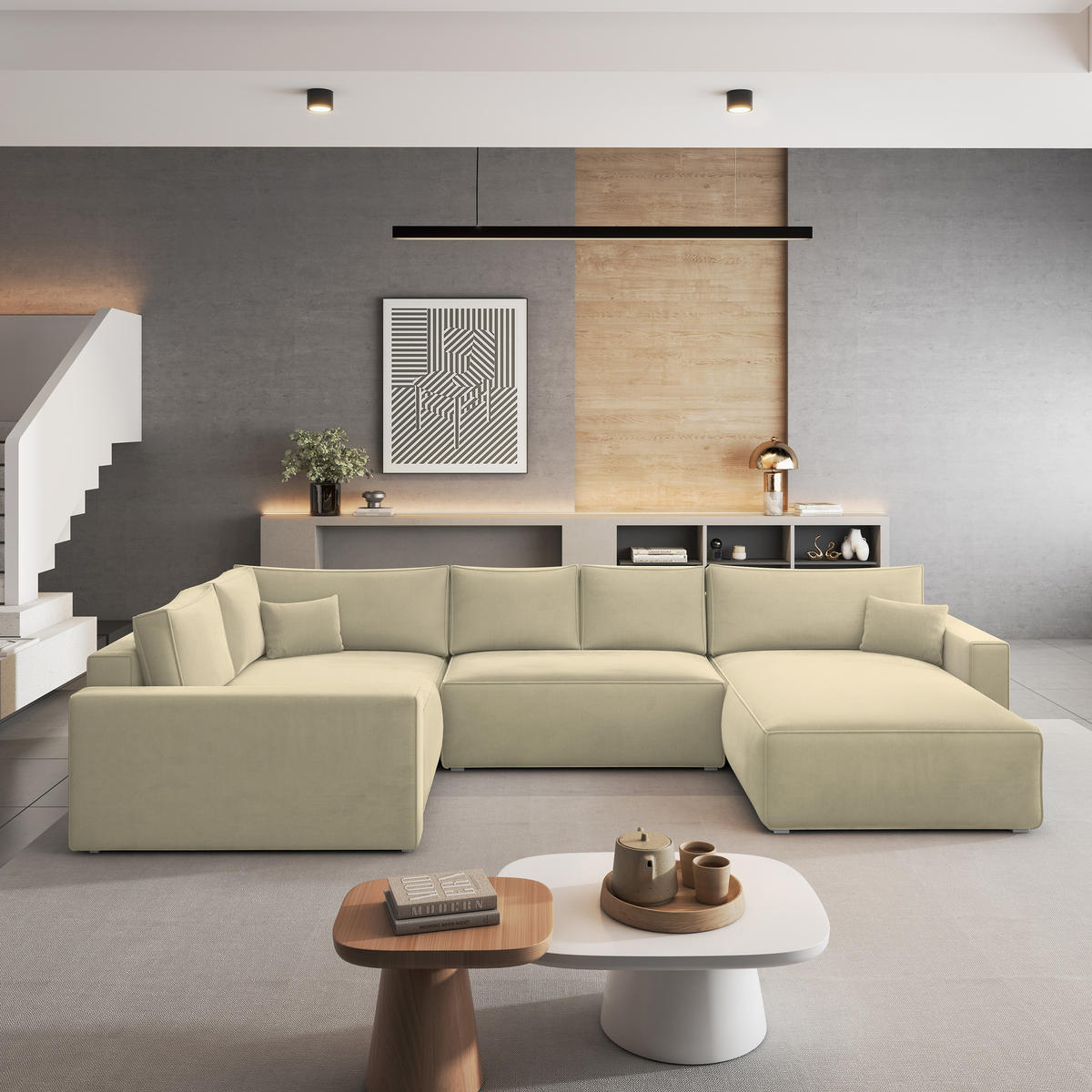 ROHOVÁ SEDAČKA VELAMI krémová - šedá/krémová, dřevo/textil (365/194cm) - MASSENO