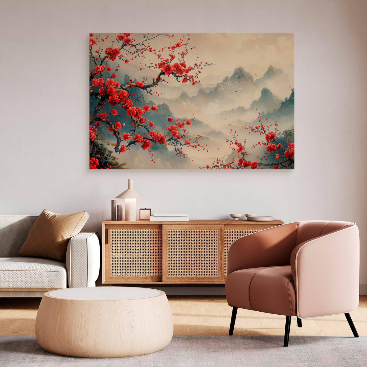 LEINWANDBILD für Wohnzimmer Blumen Berge Landschaft 120cm x 80cm - Beige/Rot, Textil (120/80cm) - Muralo