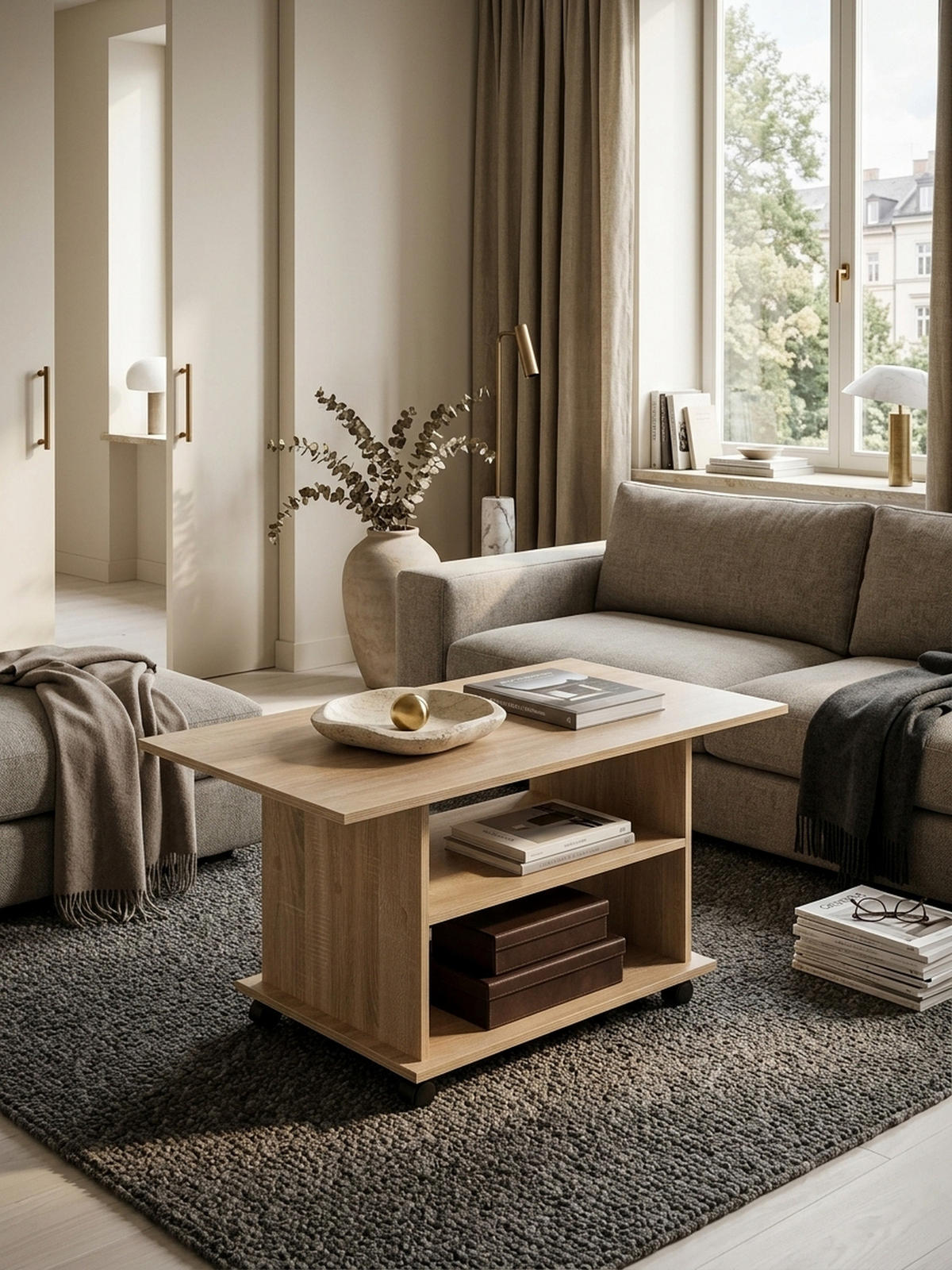 COUCHTISCH mit zwei Ablageflächen, Rollen und Melaminharzbeschichtung, Beige 95x54x51 cm - Beige/Schwarz, Holz (54/95/51cm) - KADIMA DESIGN