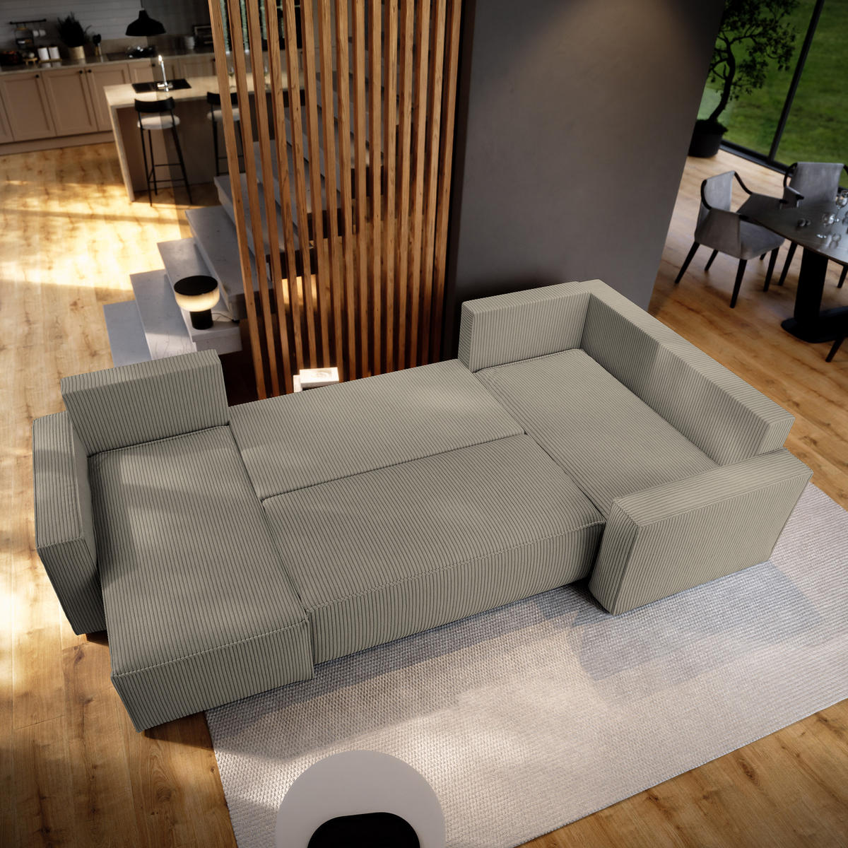 WOHNLANDSCHAFT NORENA R-S Beige Kordstoff mit Schlaffunktion - Beige, Holz (295/85/157.5cm) - MASSENO