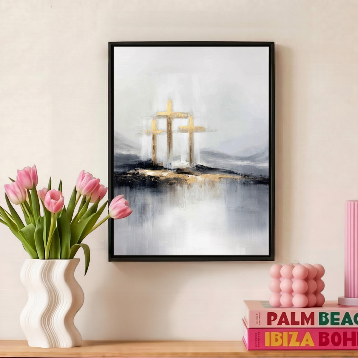 LEINWAND Bilder mit Rahmen - Abstrakt - Malerei - Christentum - Kreuz - 30x40 - Weiß, Textil (30/40cm) - MuchoWow