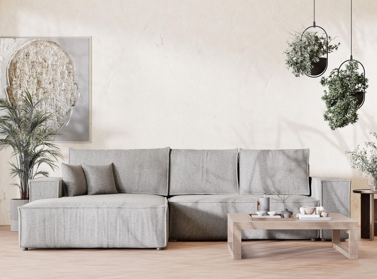 ECKSOFA Maze Beige grau Webstoff - Links Seite - Greige/Schwarz, Holz/Holzwerkstoff (185/294cm) - Maison de Reve